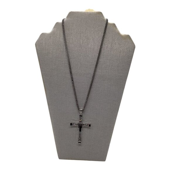 Men’s Rhinestone Cross Pendant Necklace Silver Box Chain - Picture 12 of 16